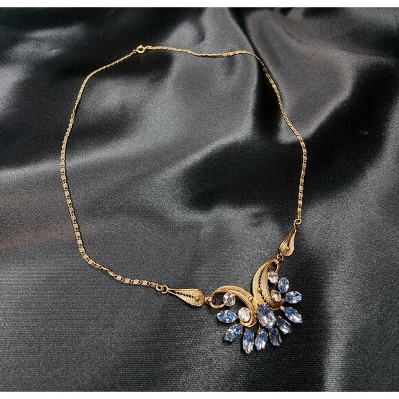 Rare Find Vintage Van Dell Gold-Tone Necklace With Blue Rhinestones Floral - Picture 2 of 5
